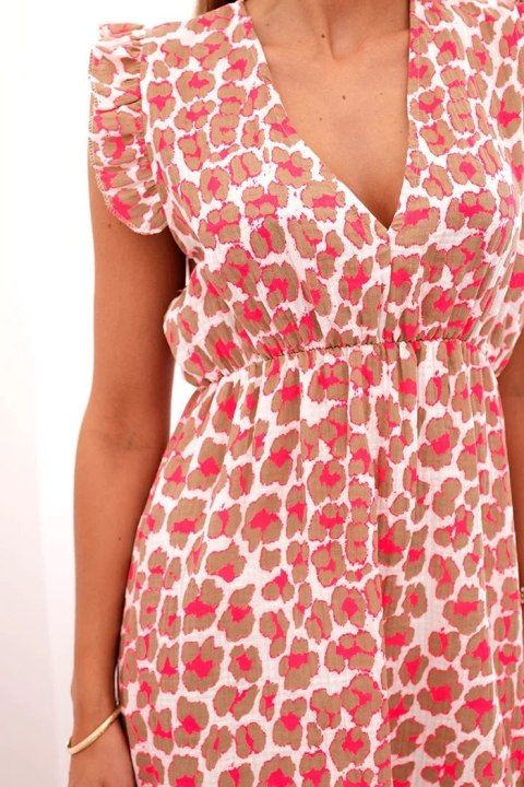 Sukienka damska w panterkę z falbankami i wiązaniem na plecach camelowa uniwersalny