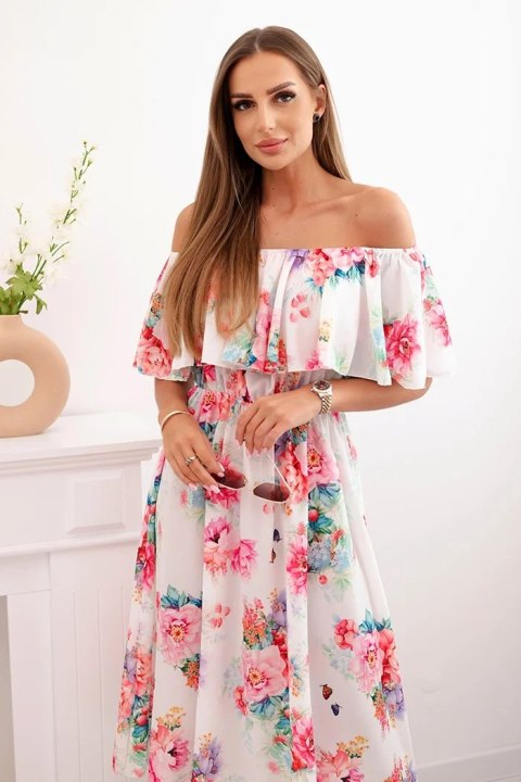 Sukienka hiszpanka z falbanką w kwiaty różówa