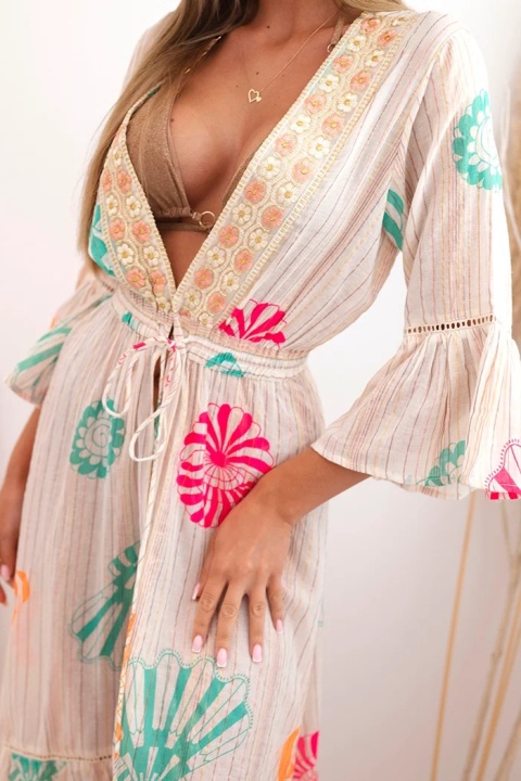 Narzutka bawełniana boho z haftem beżowa