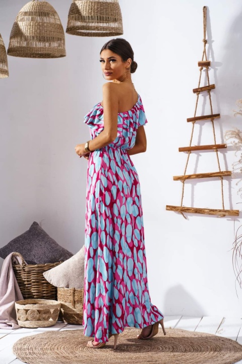 Sukienka maxi na jedno ramię z falbanką niebiesko - różowa