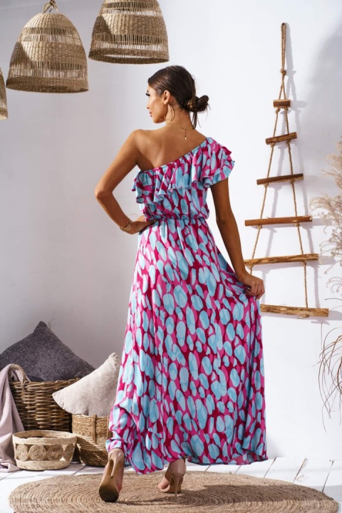 Sukienka maxi na jedno ramię z falbanką niebiesko - różowa