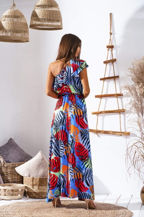 Sukienka maxi na jedno ramię z falbanką w liście kolorowa