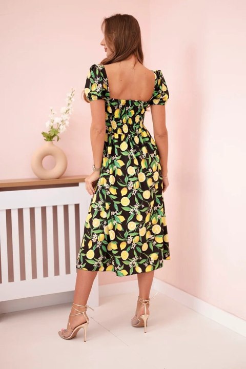 Sukienka w cytryny z bufiastymi rękawami i marszczeniem czarna