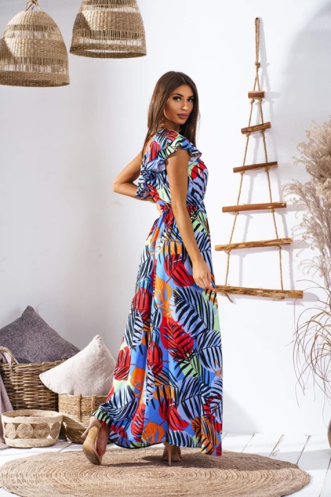 Sukienka maxi na jedno ramię z falbanką w liście kolorowa