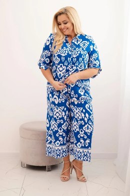 Komplet Plus Size wiskozowy z geometrycznym nadrukiem chabrowy