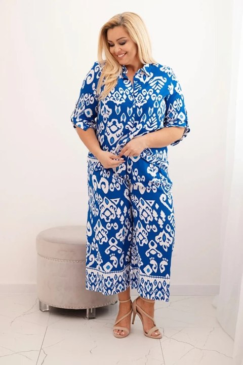 Komplet Plus Size wiskozowy z geometrycznym nadrukiem chabrowy
