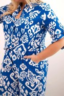 Komplet Plus Size wiskozowy z geometrycznym nadrukiem chabrowy