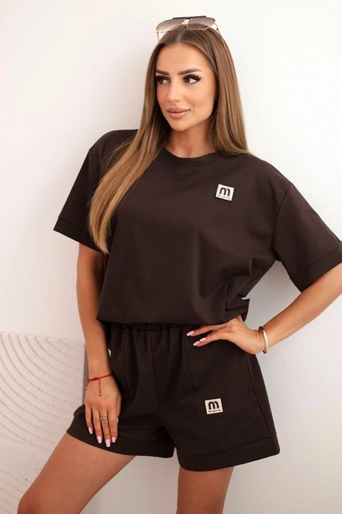 Komplet damski punto z krótkim rękawem i luźnymi szortami brązowy uni