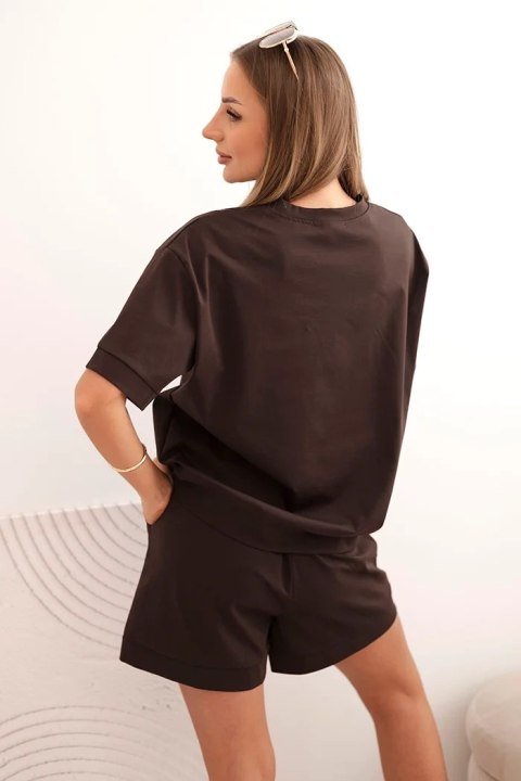 Komplet damski punto z krótkim rękawem i luźnymi szortami brązowy uni