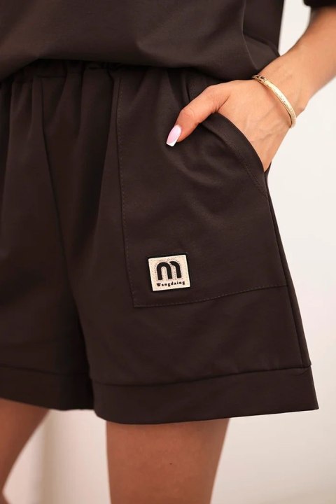 Komplet damski punto z krótkim rękawem i luźnymi szortami brązowy uni