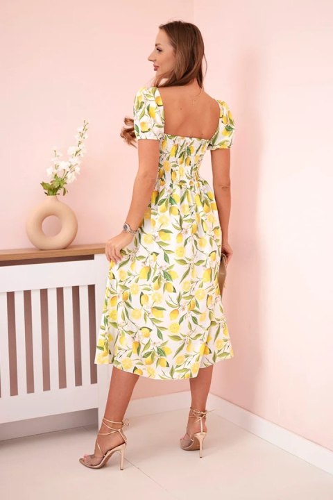 Sukienka w cytryny z bufiastymi rękawami i marszczeniem ecru