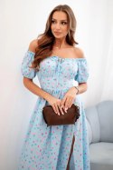 Sukienka maxi w kwiaty z bufkami niebieska