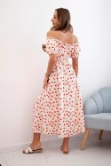 Sukienka maxi w kwiaty z bufkami beżowy+czerwony