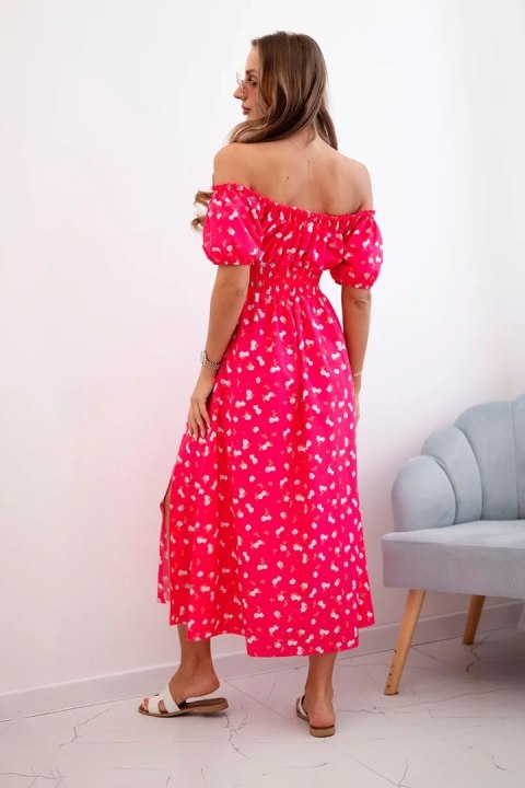 Sukienka maxi w kwiaty z bufkami fuksja