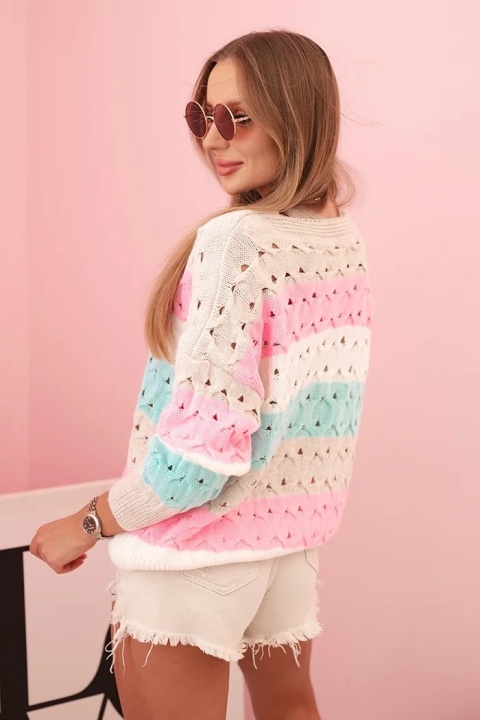 Sweter ażurowy w paski z dekoltem V beżowo miętowy uni