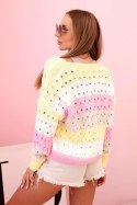Sweter ażurowy w paski z dekoltem V żółto - różowy