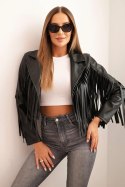 Kurtka z eko skóry z frędzlami w stylu boho czarna