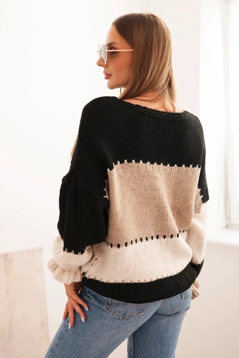 Sweter w paski z guzikami brązowo - camelowy