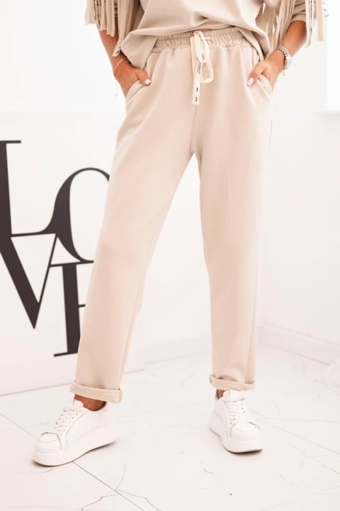 Komplet masełkowy z frędzlami na rękawach beżowy