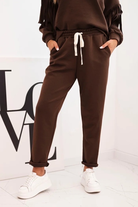 Komplet masełkowy z frędzlami na rękawach brązowy