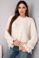 Sweter damski z dodatkiem moheru z grubym splotem i ozdobnymi rękawami beżowy uniwersalny