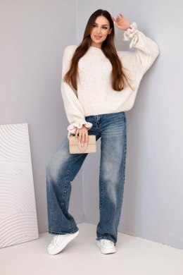 Sweter damski z dodatkiem moheru z grubym splotem i ozdobnymi rękawami beżowy uniwersalny