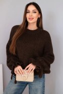 Sweter damski z dodatkiem moheru z grubym splotem i ozdobnymi rękawami brązowy uniwersalny