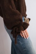 Sweter damski z dodatkiem moheru z grubym splotem i ozdobnymi rękawami brązowy uniwersalny