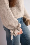 Sweter damski z dodatkiem moheru z grubym splotem i ozdobnymi rękawami ciemno beżowy uniwersalny