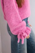 Sweter damski z dodatkiem moheru z grubym splotem i ozdobnymi rękawami różowy uniwersalny