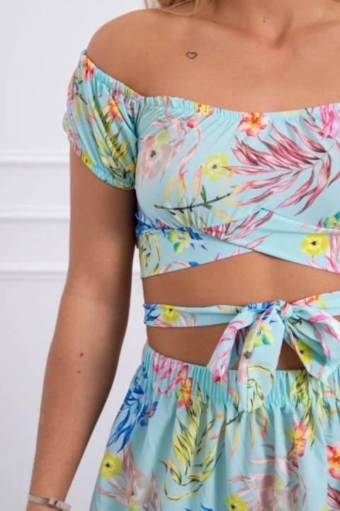 Komplet w kwiaty bluzka i spódniczka miętowy