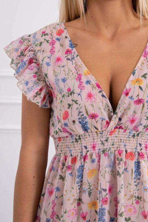 Sukienka kwiecista z falbankami pudrowy róż